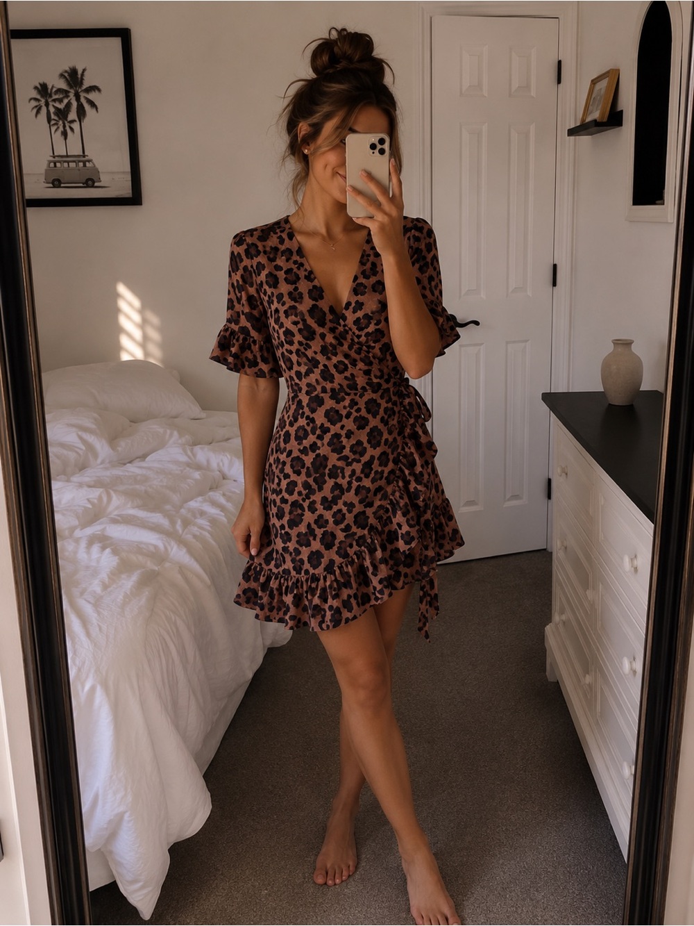 Gianni Bini Brown Leopard Wrap Mini Dress ruffles fall dress small